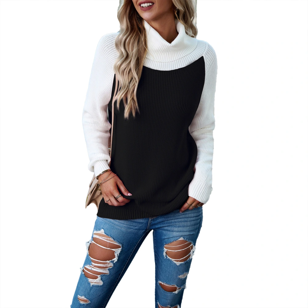 High Neck Color Block Sweater Long Sleeve Soft Casual Fitted Sweater Top for Women Black L