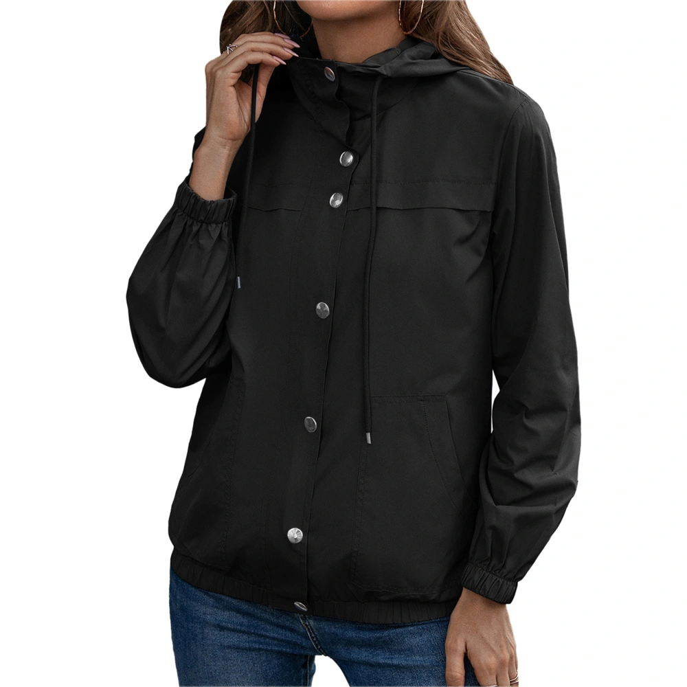 Women Hooded Full Zip Jacket Drawstring Long Sleeve Button Up Casual Full Zip Outerwear Black L