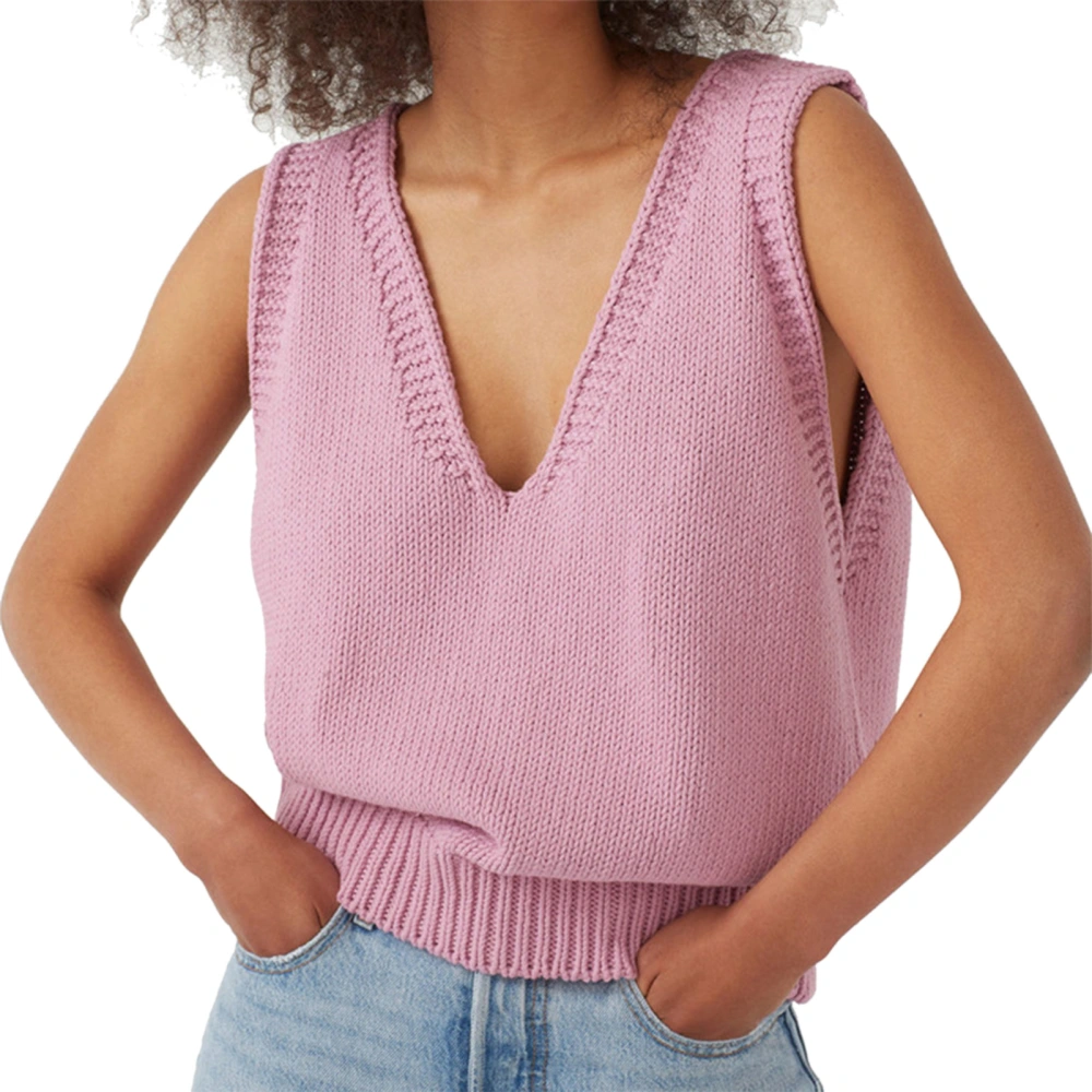 Women Sleeveless Knitted Top Deep V Neck Loose Fit Casual Plain Color Pullover Tank Top Pink XXL