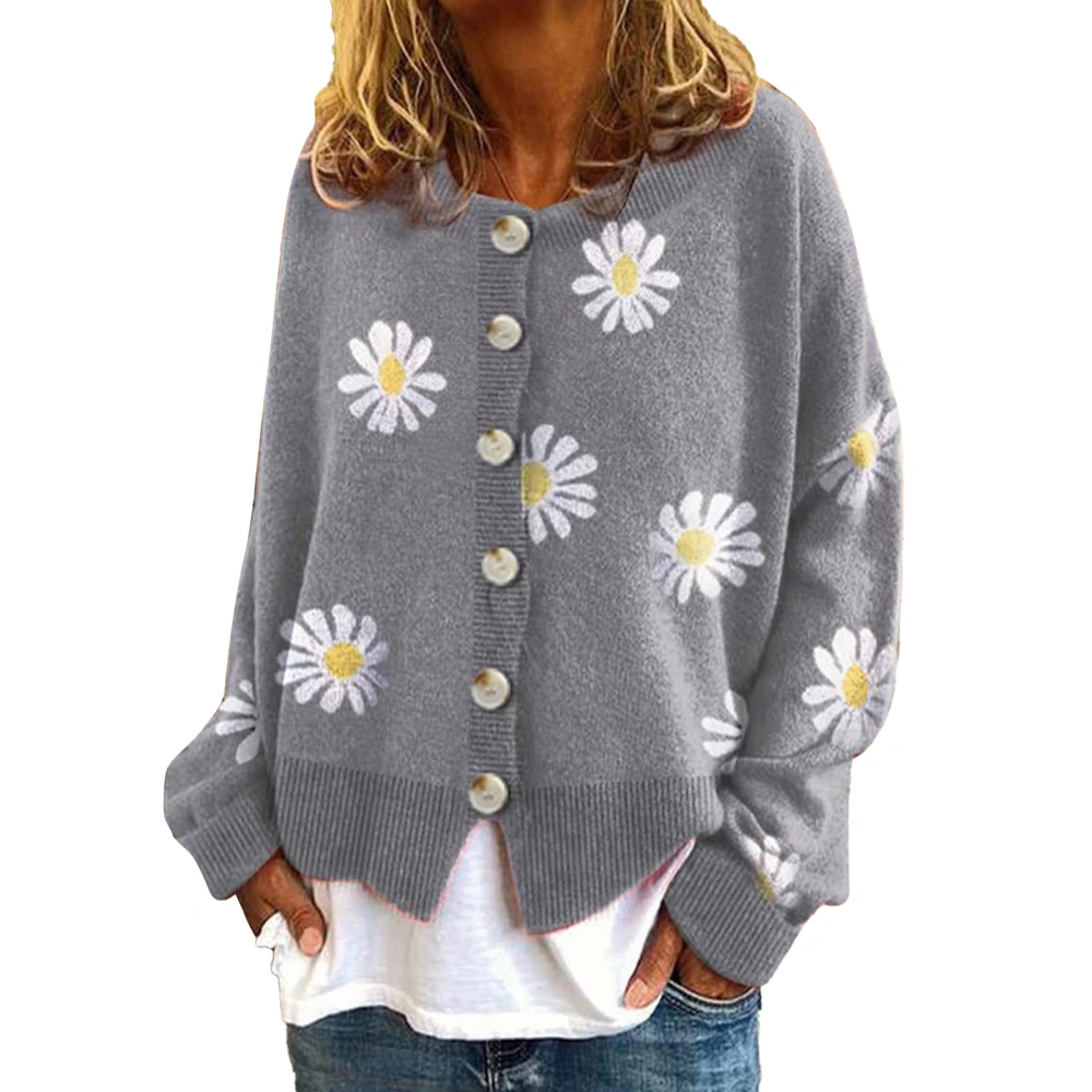 Women Knit Sweater Daisy Pattern Button Trim Round Neck Loose Fitting Pullover Sweater Grey L