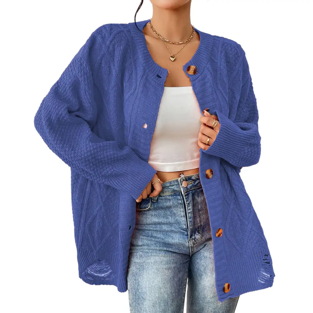 Women Open Front Sweater Button Down Casual Comfortable Knitwear Coat for Daily Dating Work School Blue L