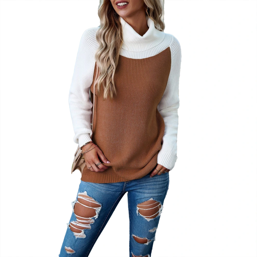 High Neck Color Block Sweater Long Sleeve Soft Casual Fitted Sweater Top for Women Brown M