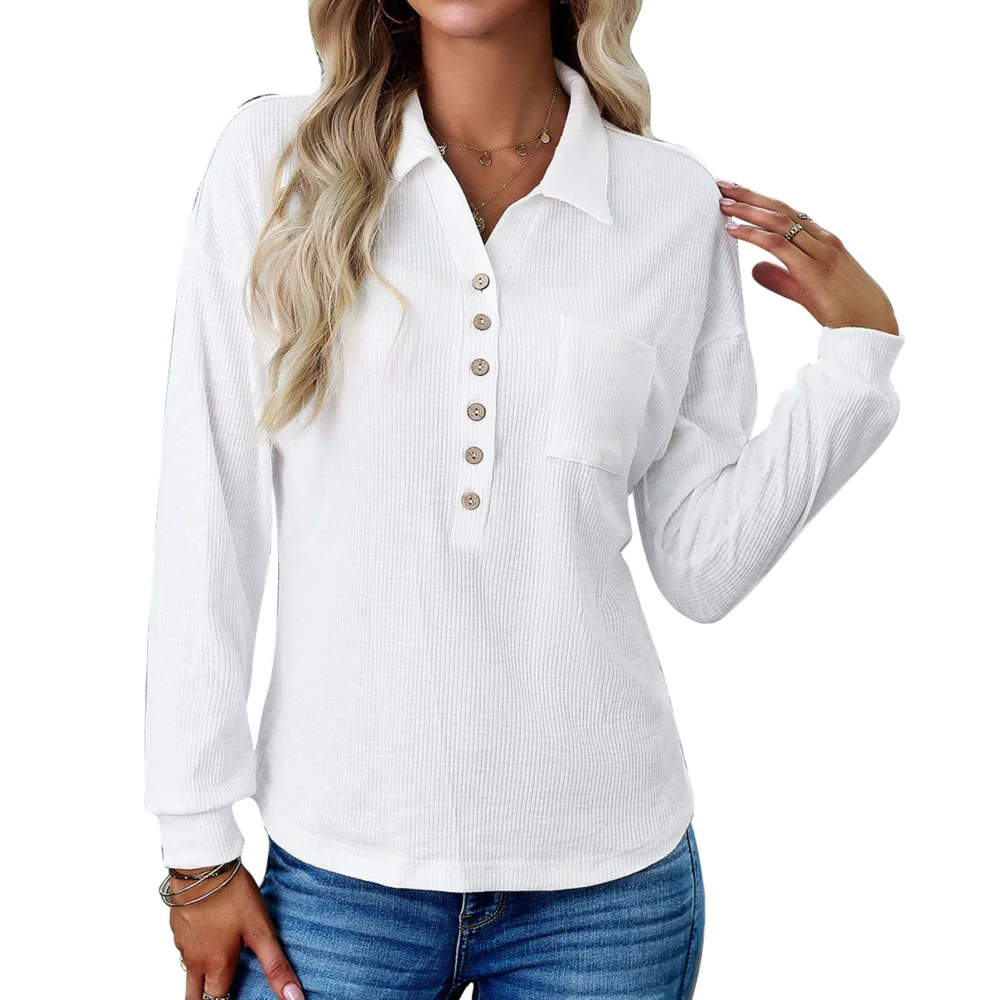 Women Knit Top Turn Down Collar Long Sleeves Button Trim Loose Fitting Blouse for Daily Wear White XL