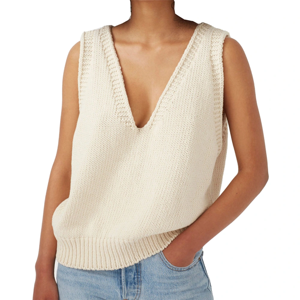 Women Sleeveless Knitted Top Deep V Neck Loose Fit Casual Plain Color Pullover Tank Top Beige M