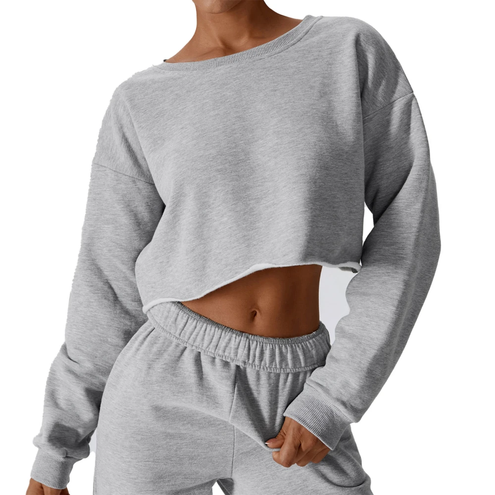 Women Fleece Sweatshirt Crew Neck Long Sleeve Loose Fit Navel Exposed Pullover Fall Top Gray M