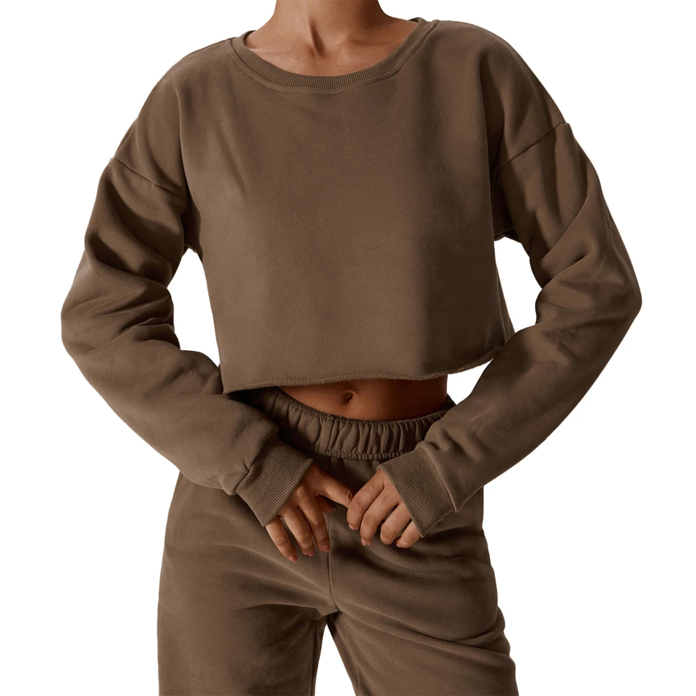 Women Fleece Sweatshirt Crew Neck Long Sleeve Loose Fit Navel Exposed Pullover Fall Top Brown L