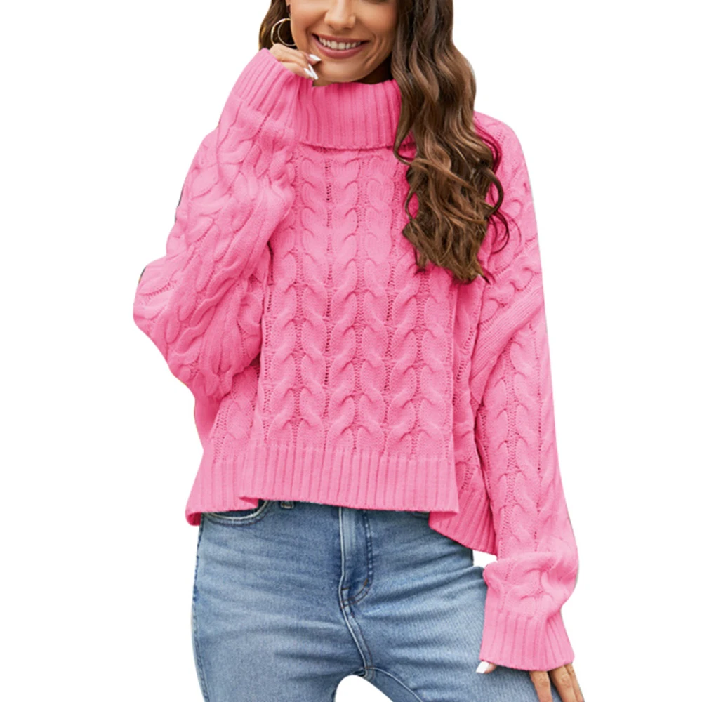 High Neck Cable Sweater Breathable Side Split Plain Color Cable Sweater for Women Winter Pink S