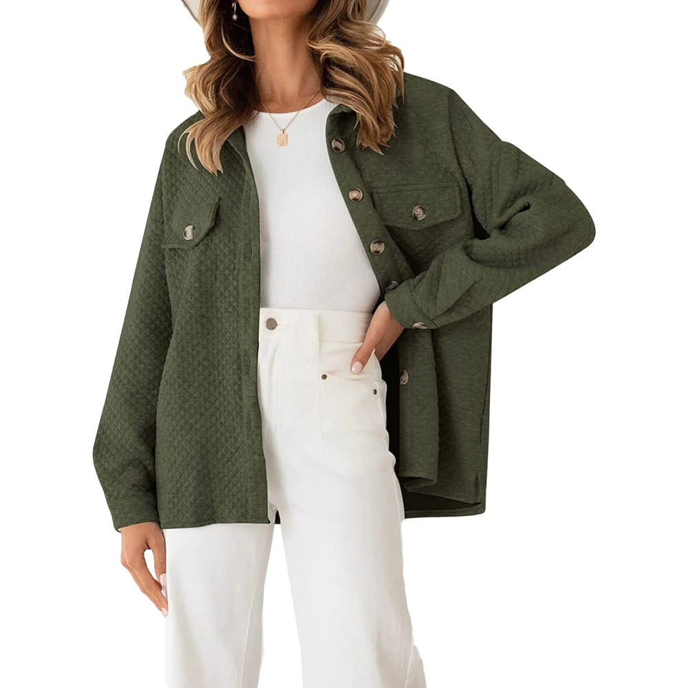 Women Shirt Jacket Turn Down Collar Single Breasted Loose Fitting Casual Long Sleeve Coat OD Green XXL