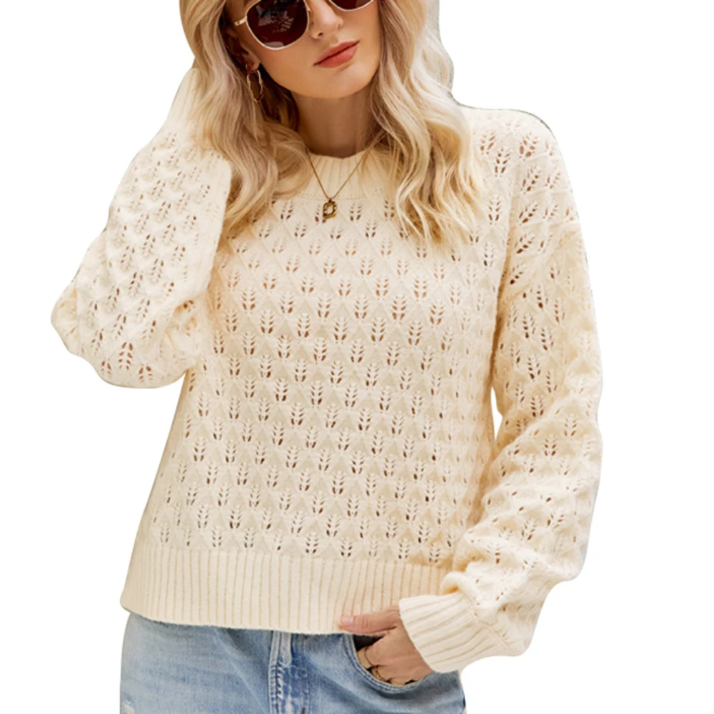 Round Neck Hollow Sweater Plain Color Long Sleeve Casual Fitted Drop Shoulder Hollow Sweater Beige XL