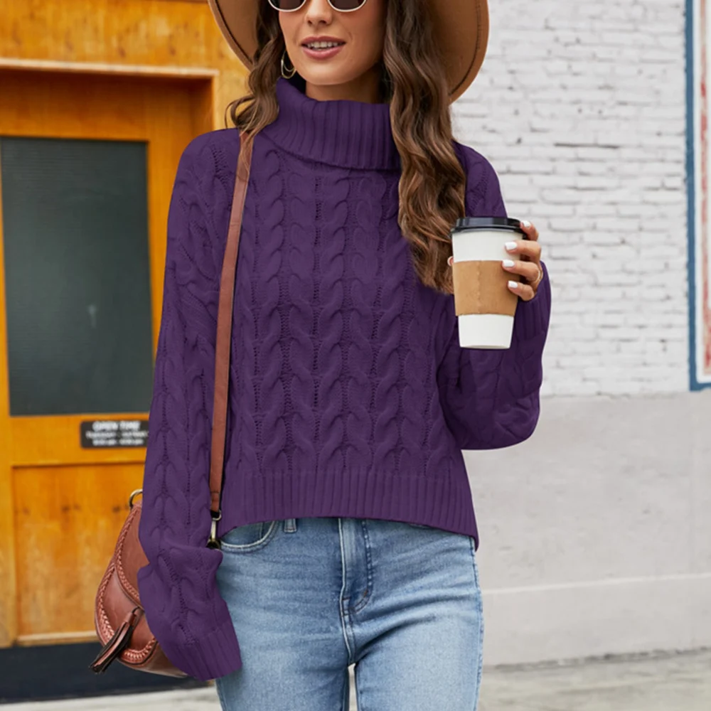 High Neck Cable Sweater Breathable Side Split Plain Color Cable Sweater for Women Winter Purple S