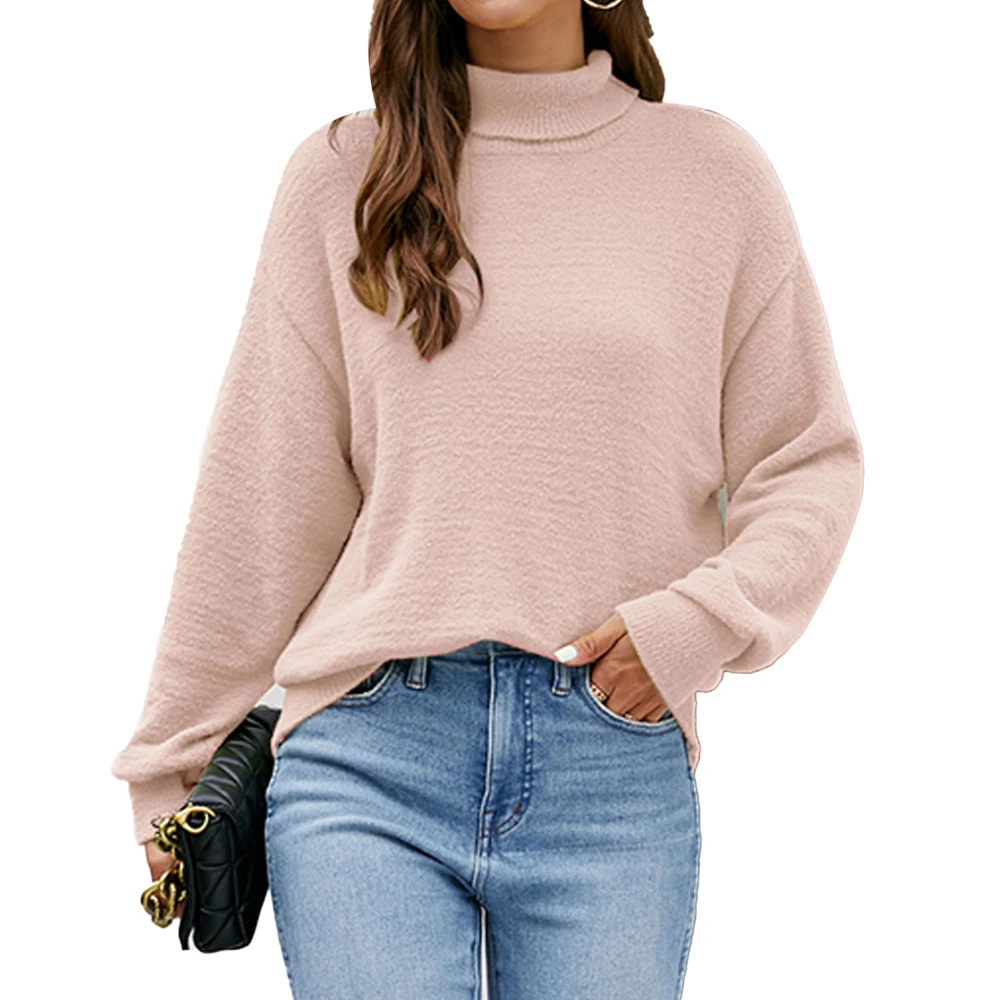 Women Long Sleeve Turtleneck Sweater Casual Elegant Plain Color Drop Shoulder Pullover Knit Top for Party Pink M