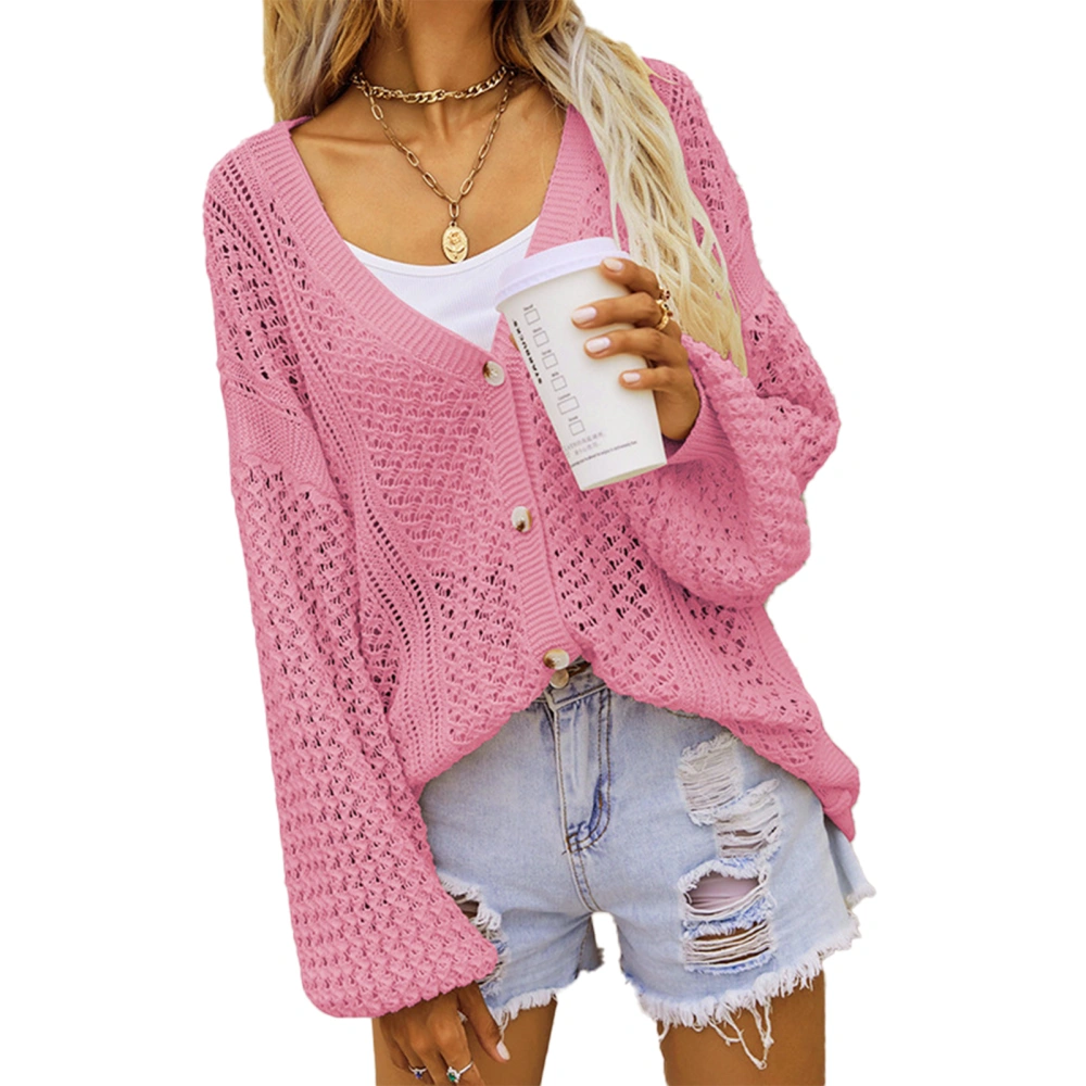 Women Open Front Hollow Out Top V Neck Button Up Long Sleeve Knitted Open Front Shirt Pink M