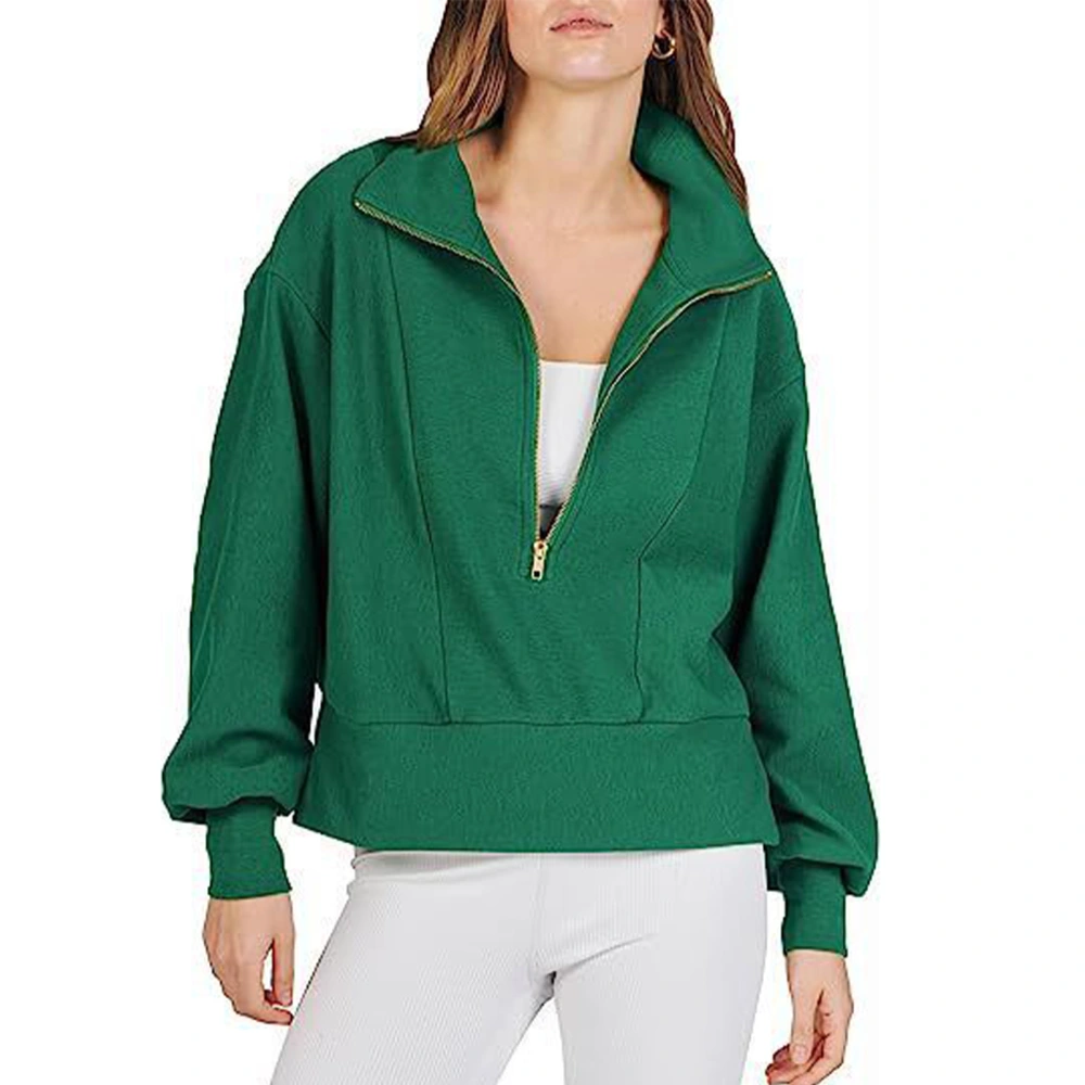 Half Zipper Blouse Top Long Sleeve Plain Color Casual Fitted Fashionable Zipper Blouse for Women Green XL