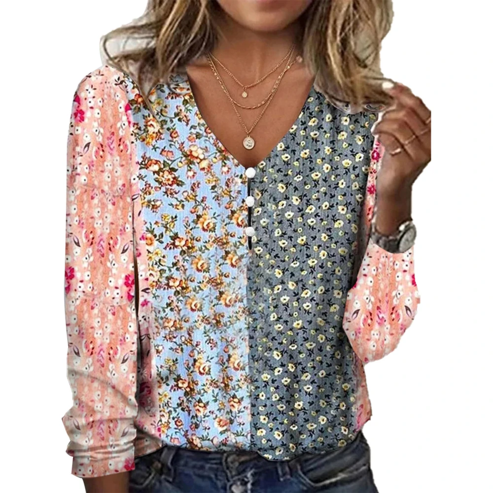 Women V Neck T Shirt Button Front Loose Fit Floral Printed Casual Basic Pullover Top Color Blocking S