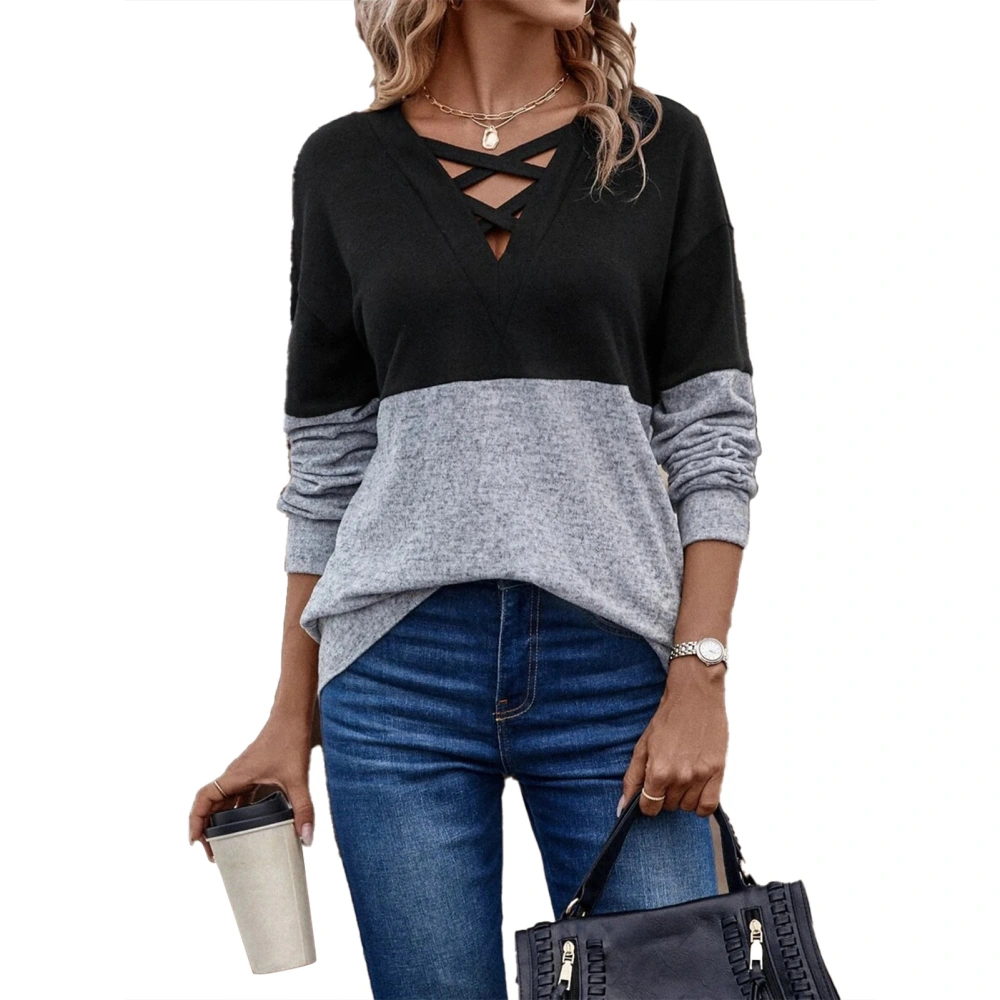 Women Criss Cross V Neck T Shirt Long Sleeve Color Blocking Loose Fit Drop Shoulder Basic Top Black Gray L