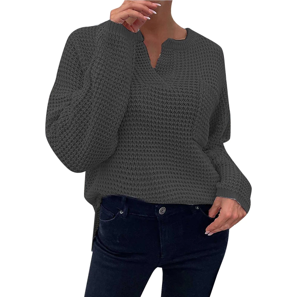 Women V Neck Sweater Long Sleeve Loose Fit Casual Knitted Fall Top with Chest Pocket Dark Gray XXL