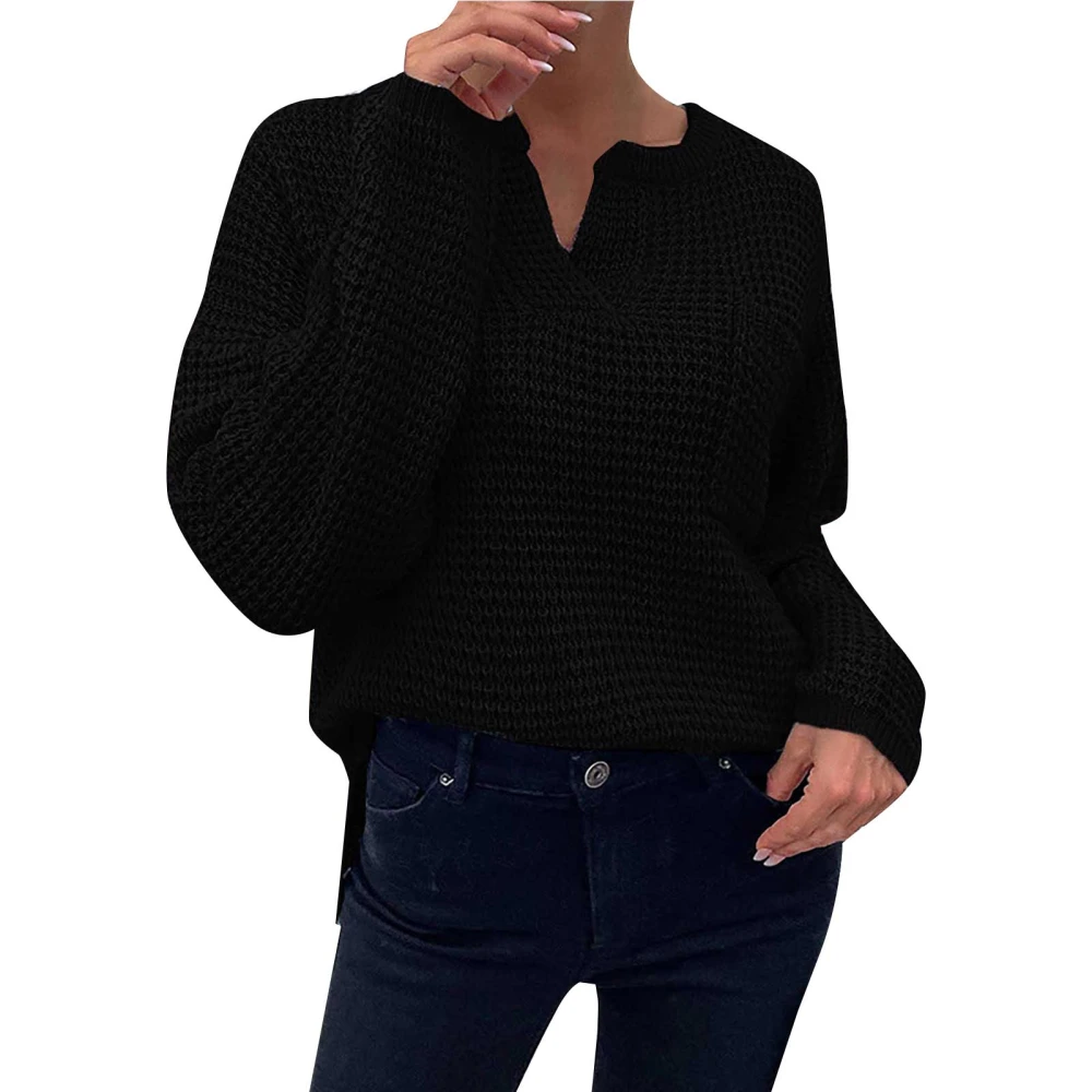 Women V Neck Sweater Long Sleeve Loose Fit Casual Knitted Fall Top with Chest Pocket Black L