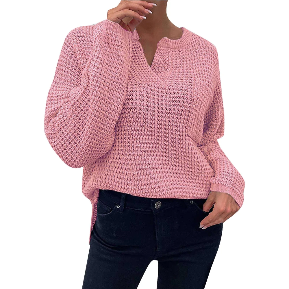 Women V Neck Sweater Long Sleeve Loose Fit Casual Knitted Fall Top with Chest Pocket Pink S