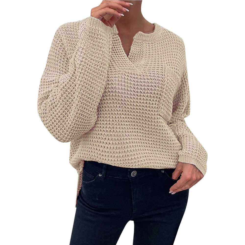 Women V Neck Sweater Long Sleeve Loose Fit Casual Knitted Fall Top with Chest Pocket Beige XL