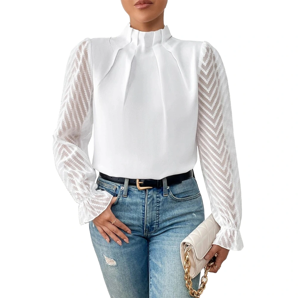 Lace Stitching Long Sleeve Top Half High Neck Pure Color Shirt Lace Pullover Stylish Shirt for Woman White S