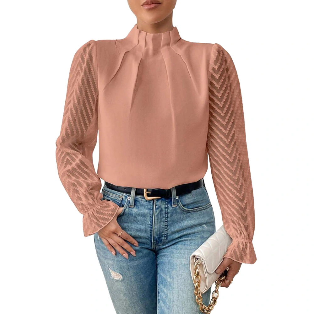 Lace Stitching Long Sleeve Top Half High Neck Pure Color Shirt Lace Pullover Stylish Shirt for Woman Coral Red XXL