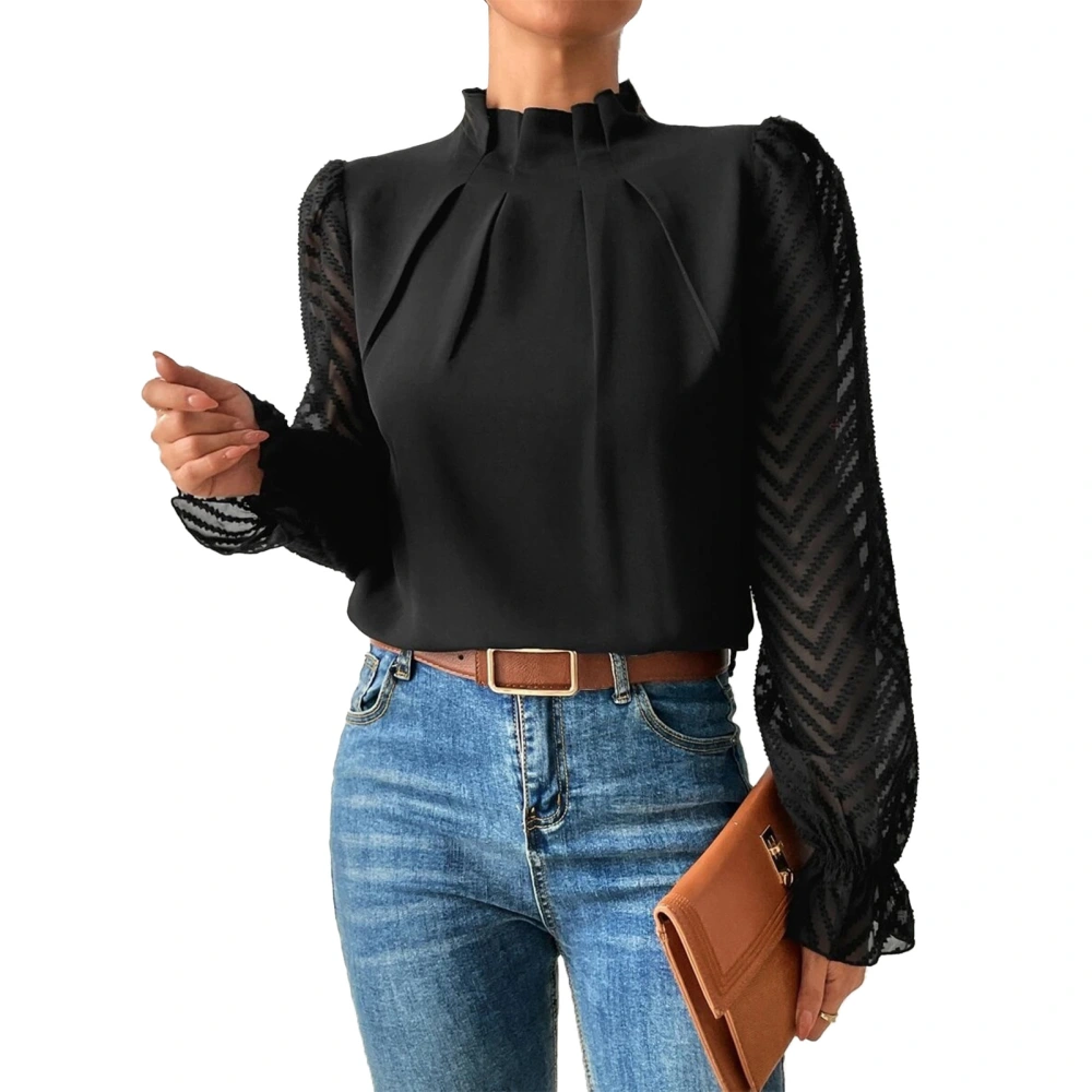 Lace Stitching Long Sleeve Top Half High Neck Pure Color Shirt Lace Pullover Stylish Shirt for Woman Black M