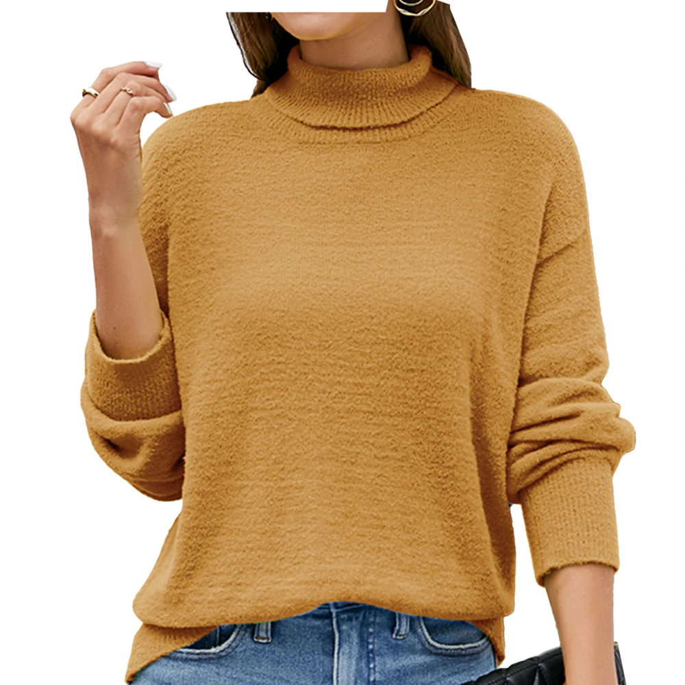 Women Long Sleeve Turtleneck Sweater Casual Elegant Plain Color Drop Shoulder Pullover Knit Top for Party Brown S