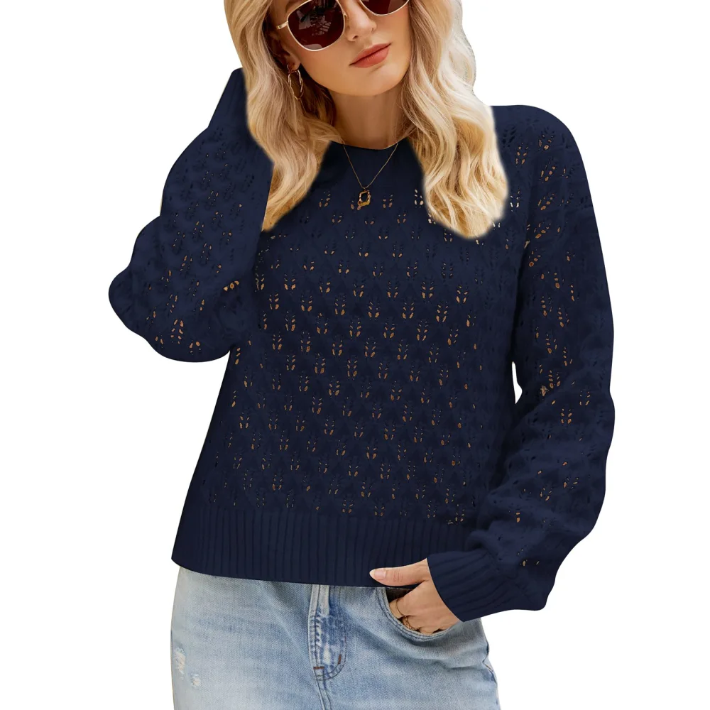 Round Neck Hollow Sweater Plain Color Long Sleeve Casual Fitted Drop Shoulder Hollow Sweater Purplish Blue S