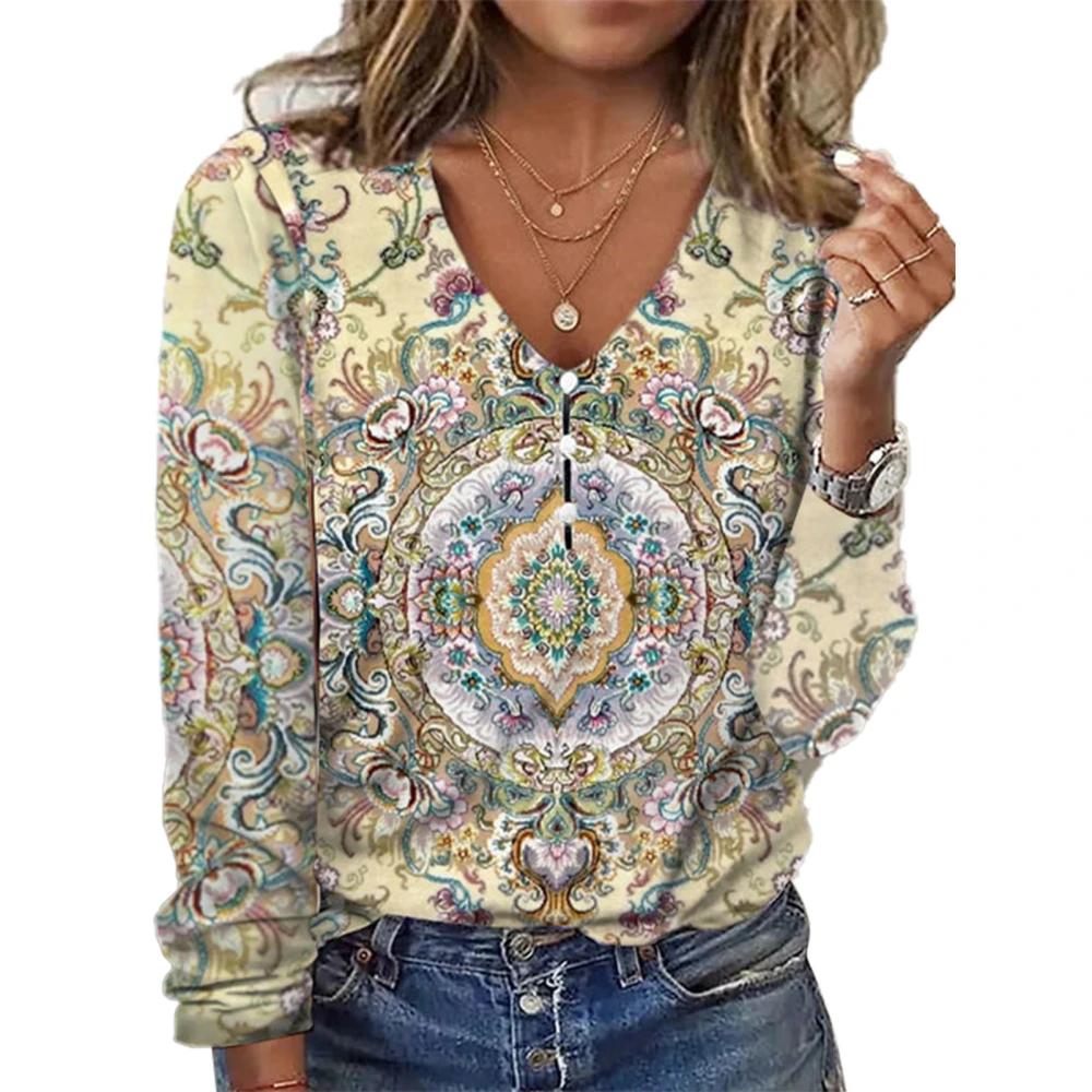 Women V Neck T Shirt Button Front Loose Fit Floral Printed Casual Basic Pullover Top Apricot Yellow L