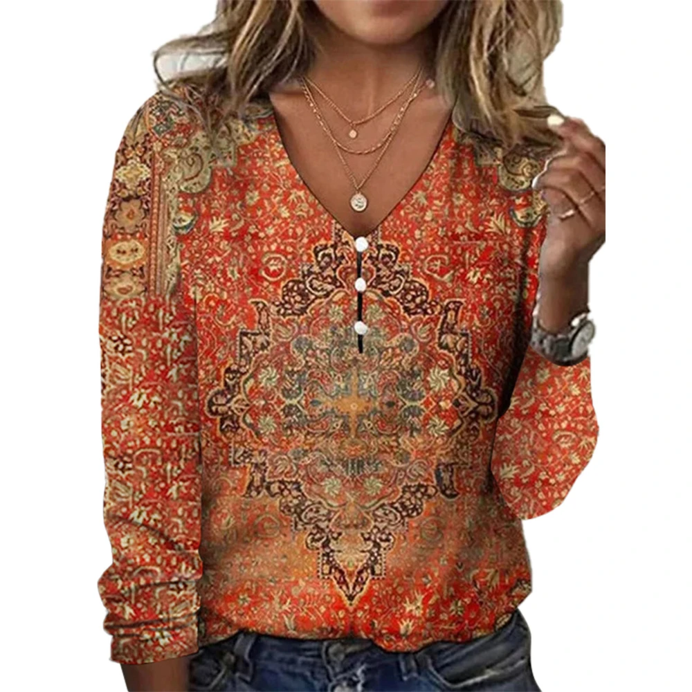 Women V Neck T Shirt Button Front Loose Fit Floral Printed Casual Basic Pullover Top Orange XXL