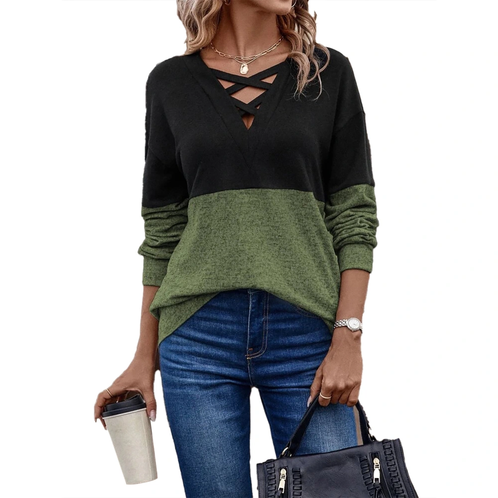 Women Criss Cross V Neck T Shirt Long Sleeve Color Blocking Loose Fit Drop Shoulder Basic Top Black Green XL