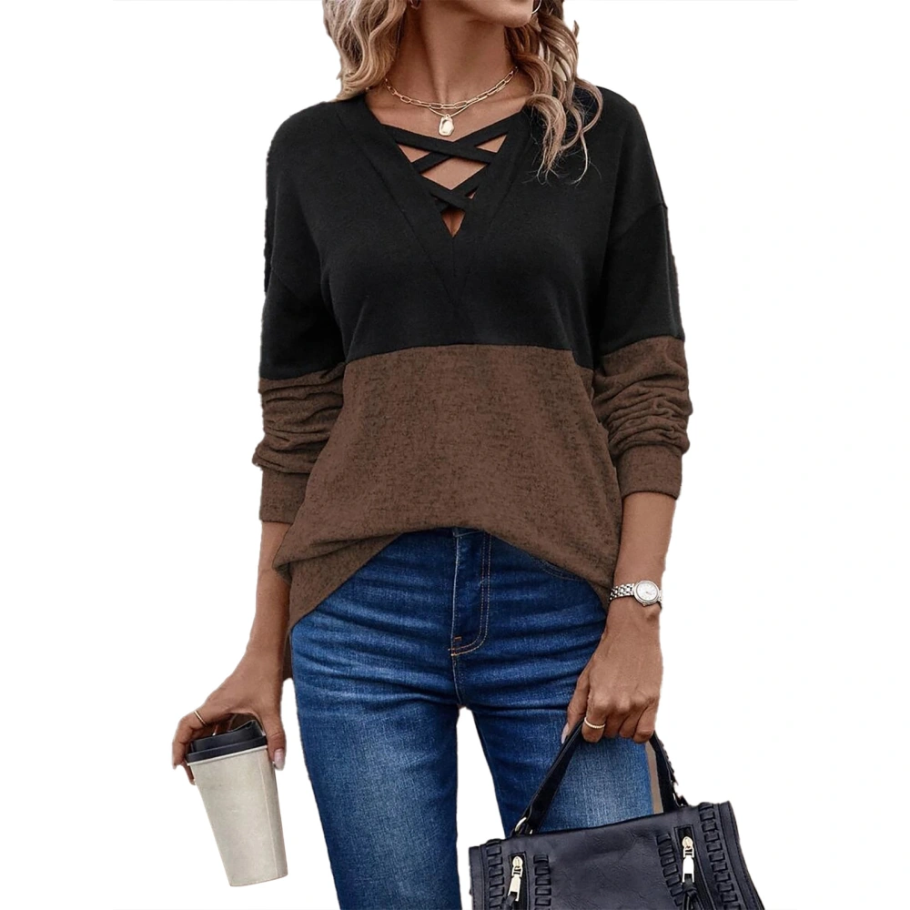 Women Criss Cross V Neck T Shirt Long Sleeve Color Blocking Loose Fit Drop Shoulder Basic Top Black Coffee L