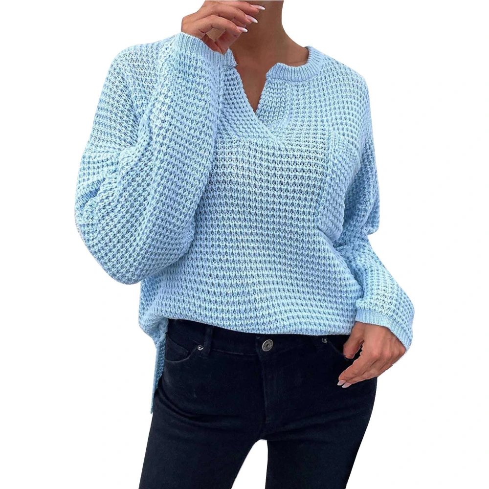 Women V Neck Sweater Long Sleeve Loose Fit Casual Knitted Fall Top with Chest Pocket Sky Blue XL