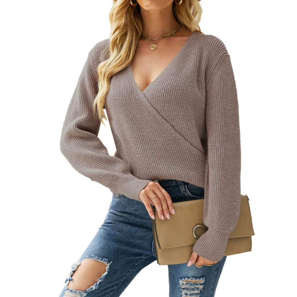 Women V Neck Sweater Casual Loose Pure Color Long Sleeve Pullover Sweaters Tops for Fall Summer Camel S