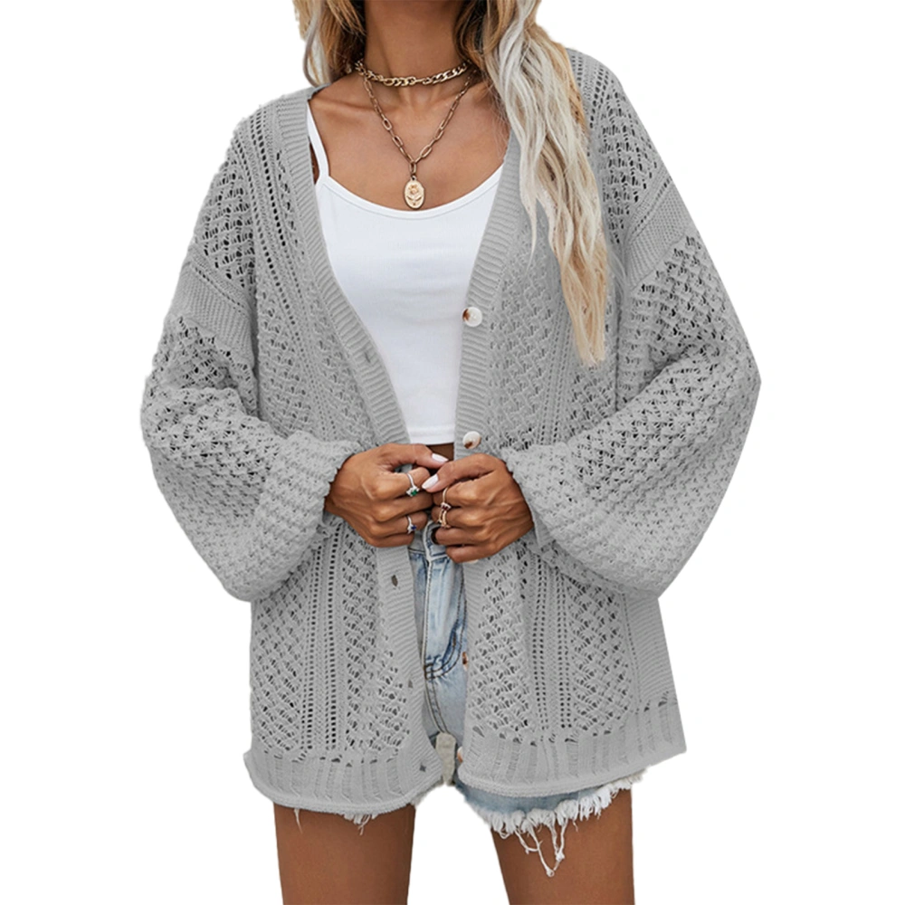 Women Open Front Hollow Out Top V Neck Button Up Long Sleeve Knitted Open Front Shirt Grey M