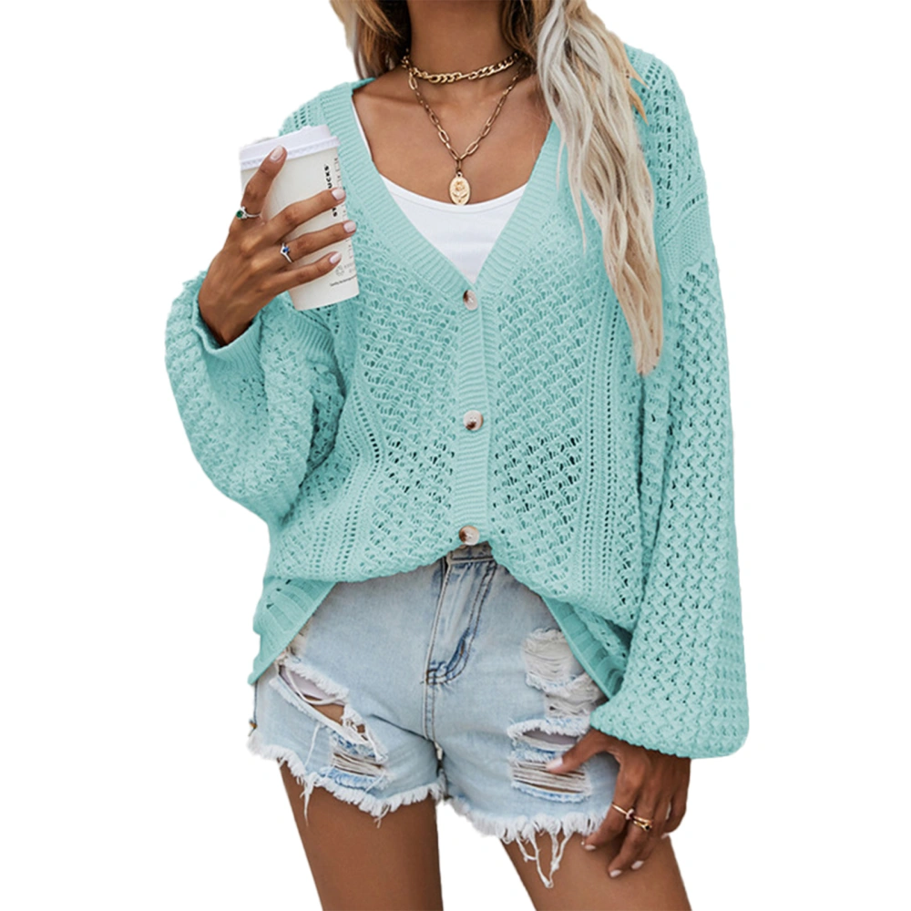 Women Open Front Hollow Out Top V Neck Button Up Long Sleeve Knitted Open Front Shirt Green XL