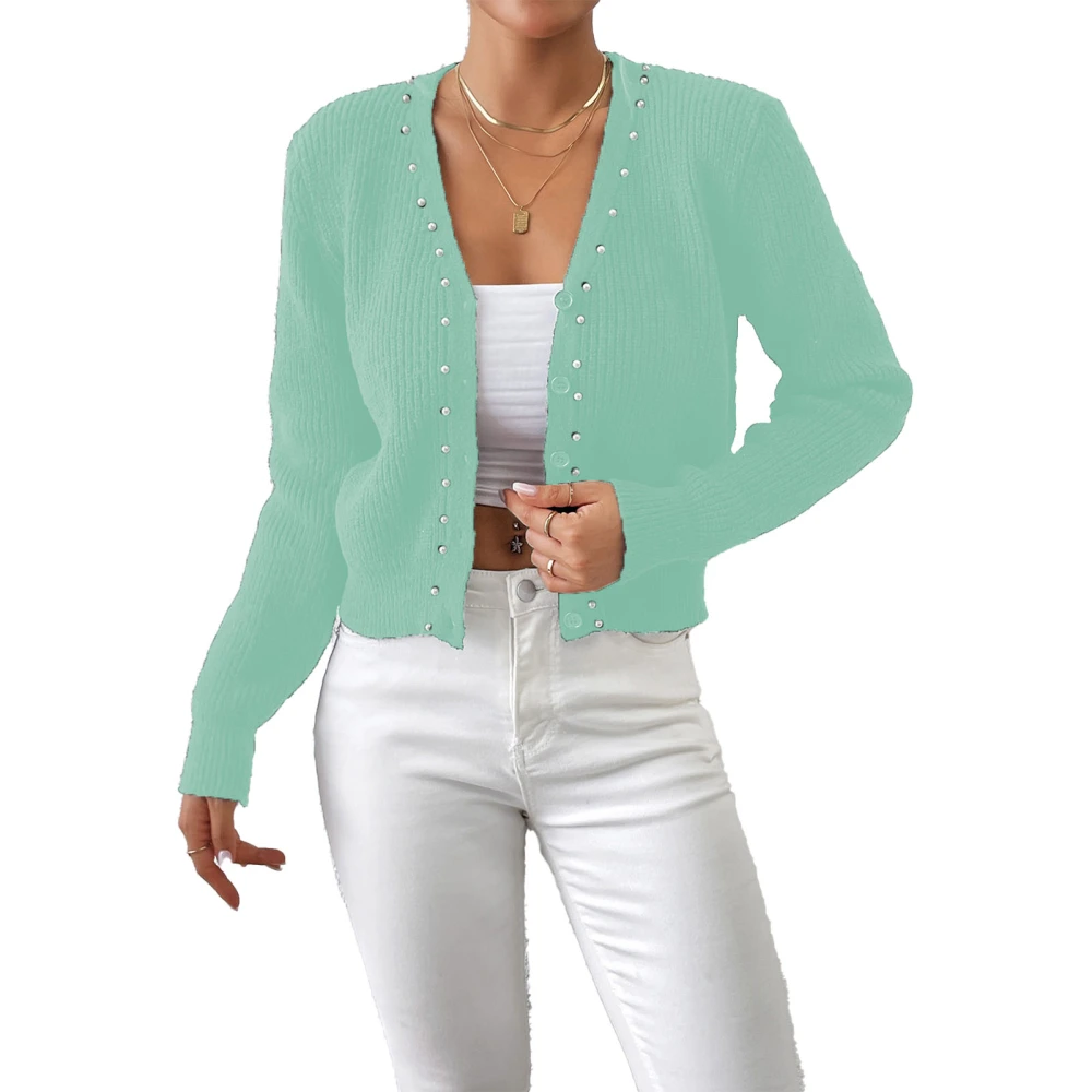 Womens Short Sweater Jacket Solid Color Long Sleeve V Neck Jacket Knitted Tops With Pearl Decoration for Daily Life Light Green S