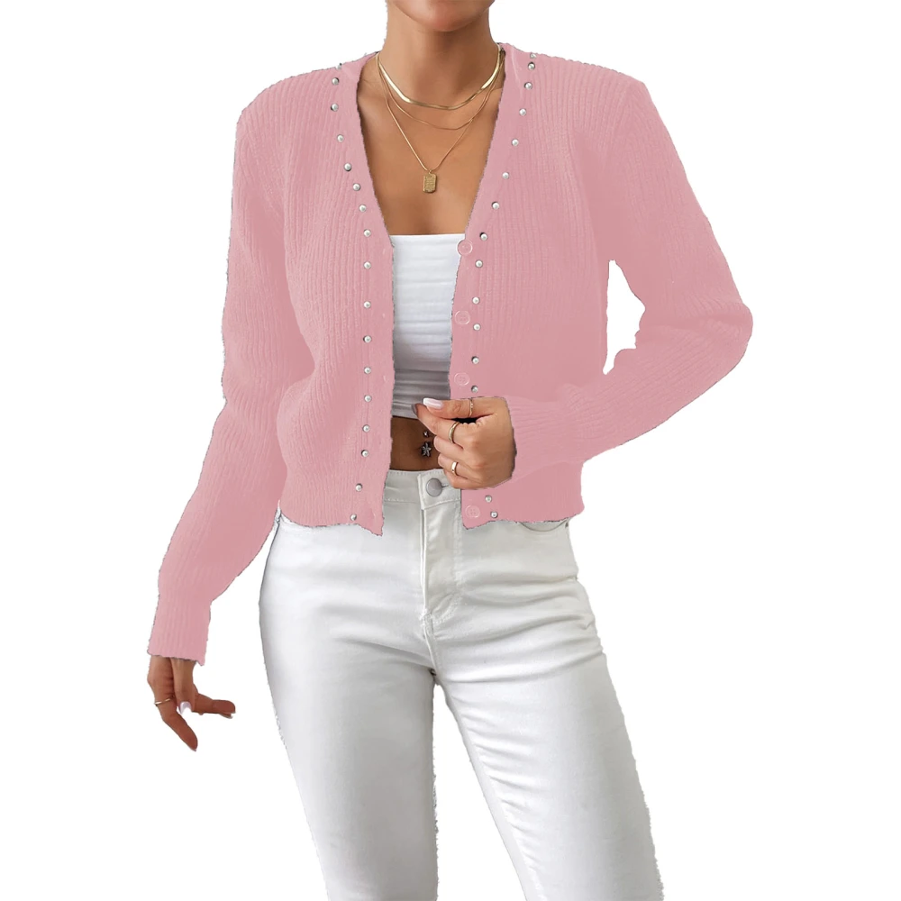 Womens Short Sweater Jacket Solid Color Long Sleeve V Neck Jacket Knitted Tops With Pearl Decoration for Daily Life Pink M