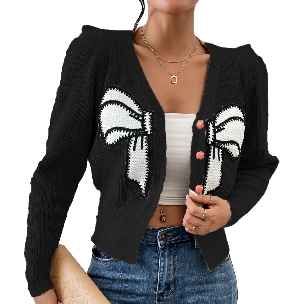 Women Knitted Coat Bowknot Decor V Neck Button Closure Short Type Long Sleeves Sweater Jacket Black L