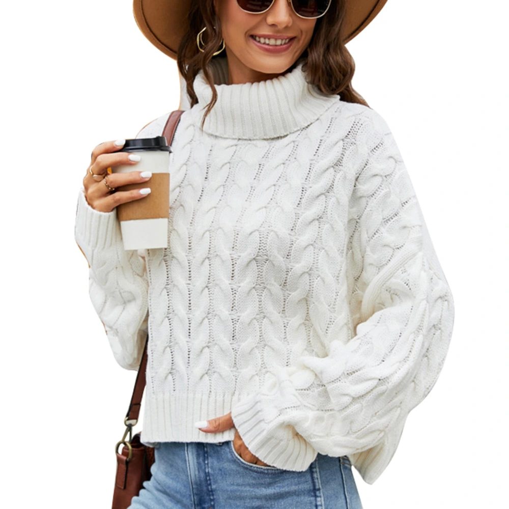 High Neck Cable Sweater Breathable Side Split Plain Color Cable Sweater for Women Winter White M