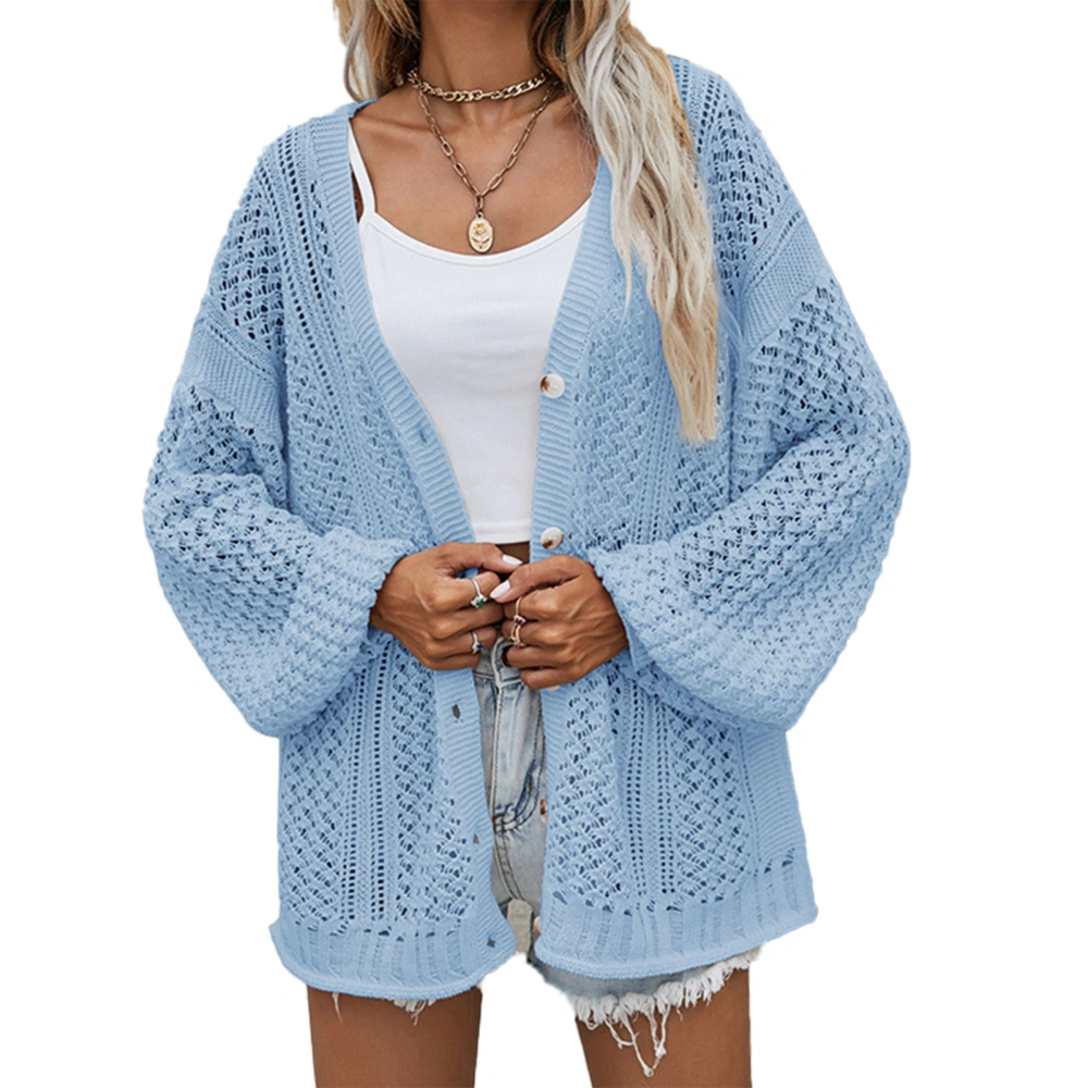 Women Open Front Hollow Out Top V Neck Button Up Long Sleeve Knitted Open Front Shirt Light Blue XL