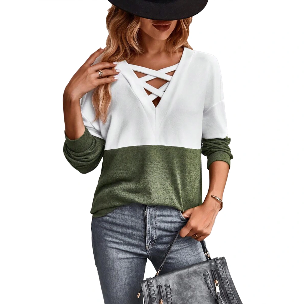 Women Criss Cross V Neck T Shirt Long Sleeve Color Blocking Loose Fit Drop Shoulder Basic Top White Green L