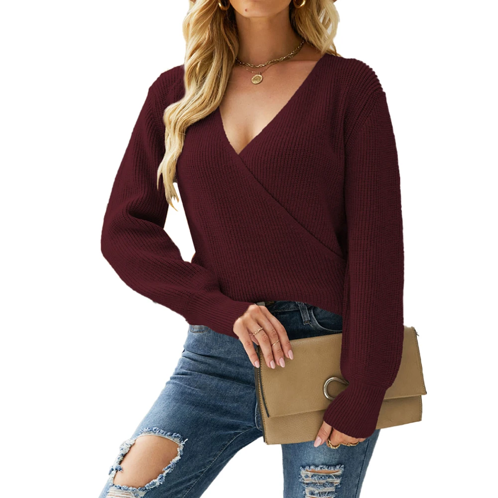 Women V Neck Sweater Casual Loose Pure Color Long Sleeve Pullover Sweaters Tops for Fall Summer Red S