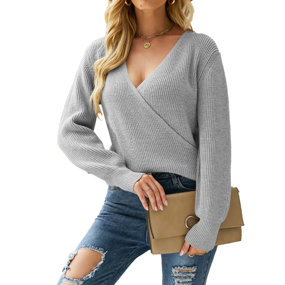 Women V Neck Sweater Casual Loose Pure Color Long Sleeve Pullover Sweaters Tops for Fall Summer Grey S