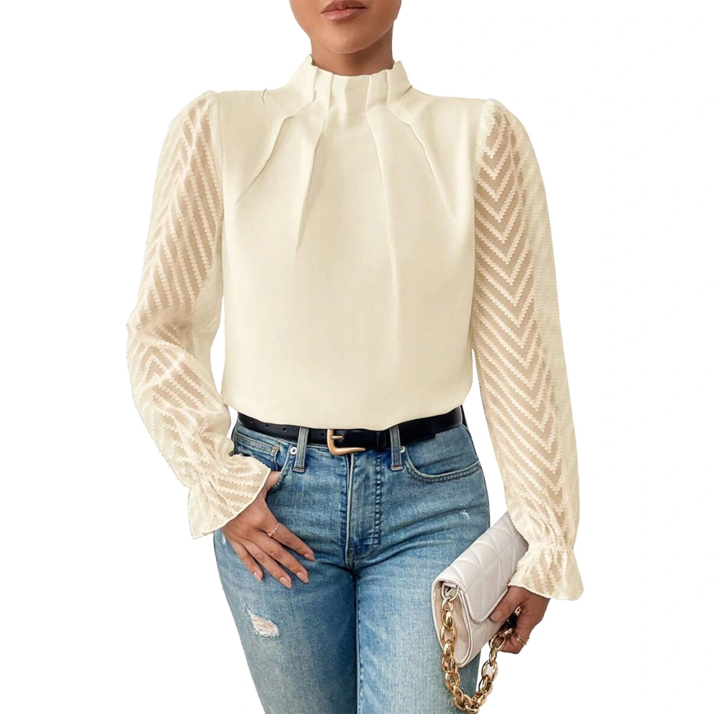 Lace Stitching Long Sleeve Top Half High Neck Pure Color Shirt Lace Pullover Stylish Shirt for Woman Beige M