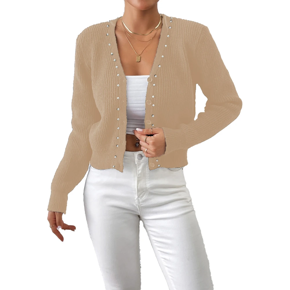 Womens Short Sweater Jacket Solid Color Long Sleeve V Neck Jacket Knitted Tops With Pearl Decoration for Daily Life Khaki S