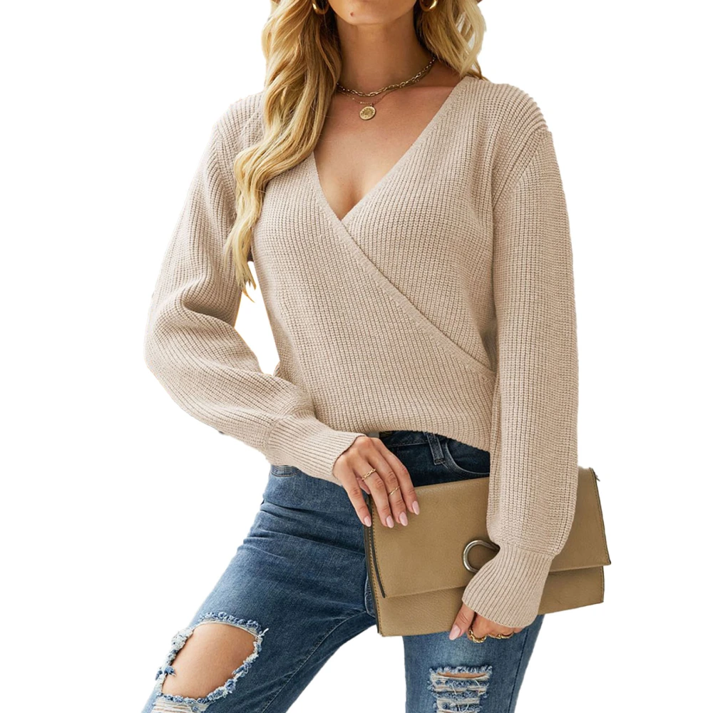 Women V Neck Sweater Casual Loose Pure Color Long Sleeve Pullover Sweaters Tops for Fall Summer Apricot S