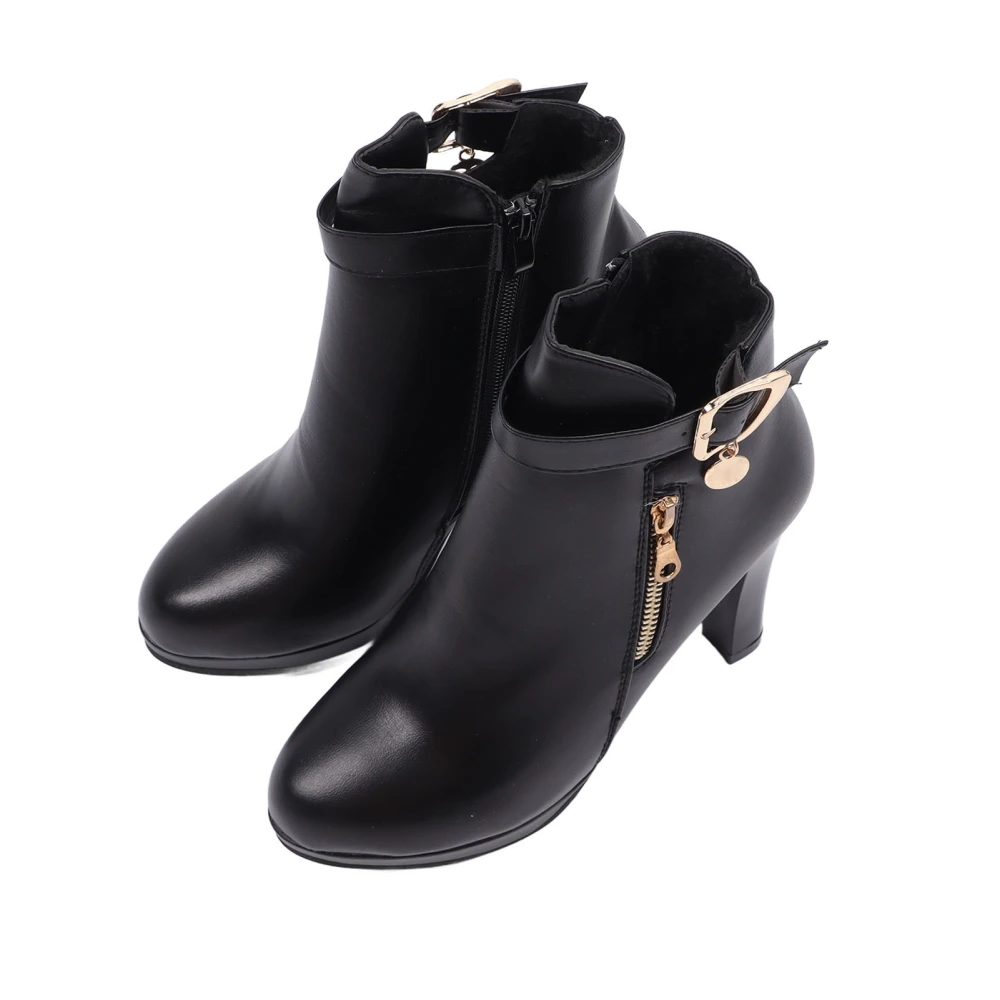 Women High Heel Boots PU Leather Winter Fashionable Round Toe Ankle Boots with Side Zipper Buckle Black 37