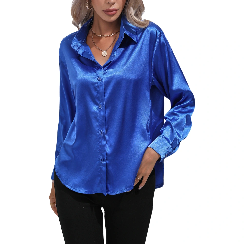 Woman Satin Twist Knot Shirt Long Sleeve Button Up Shirt Fashionable Pure Color Slim Fit Top Jewel Blue M