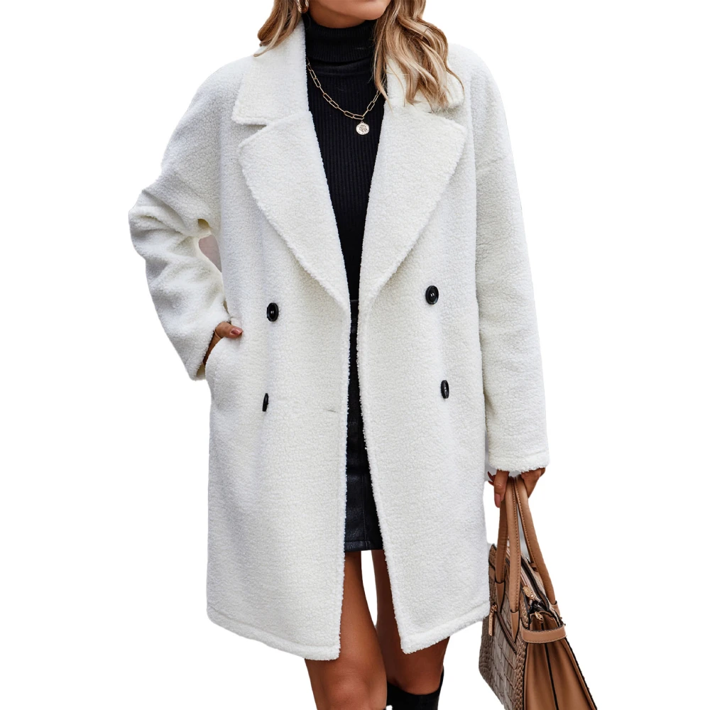 Women Winter Coat Turn Down Collar Double Breasted Pure Color Casual Overcoat with Side Pockets White M